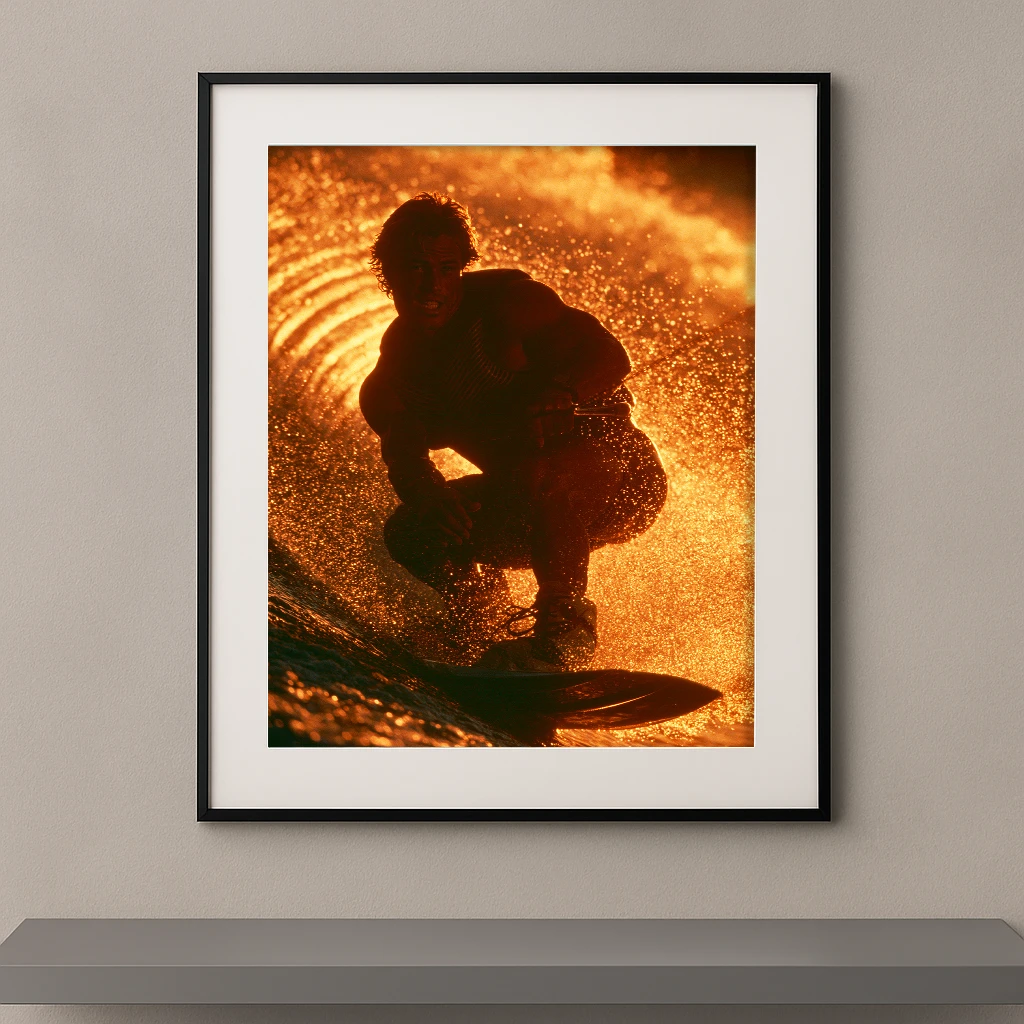 Tableau mural silhouette d'un wakeboardeur dans une explosion de gouttelettes d'eau dorées