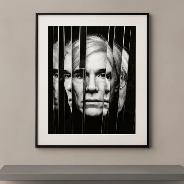 Tableau artistique noir et blanc représentant Andy Warhol dont le visage est démultiplié par plusieurs bandes réfléchissantes verticales