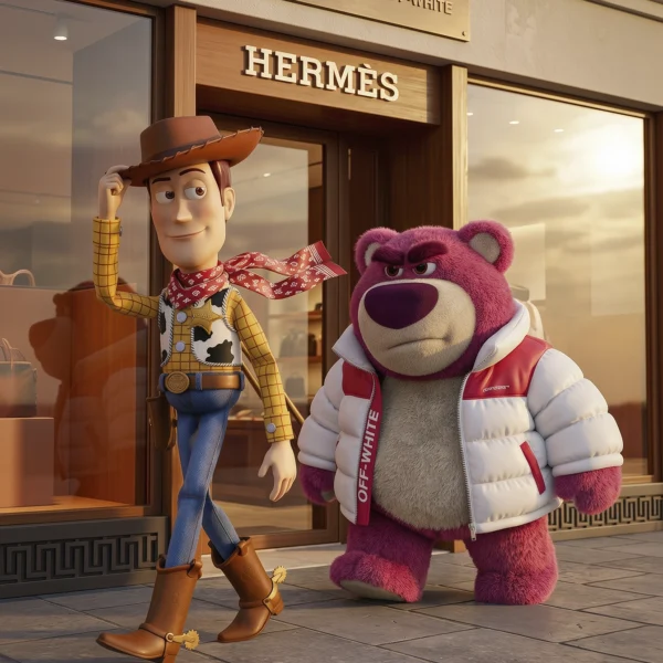 Western Toon Duo – Luxury Avenue, duo cartoon esprit western devant une boutique de mode haut de gamme, art mural premium