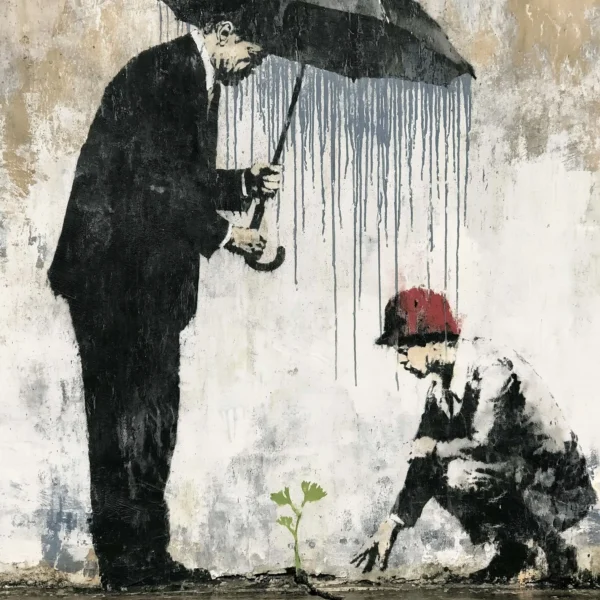 À l'Abri de Demain, tableau style Banksy représentant un vieil homme protégeant un enfant et une jeune pousse sous un parapluie.