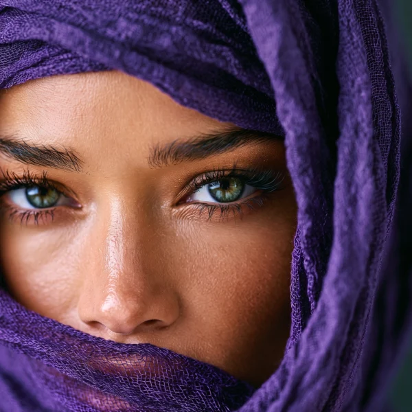 Améthyste Éternelle — regard vert intense encadré d'un voile violet, collection Regards, art mural premium