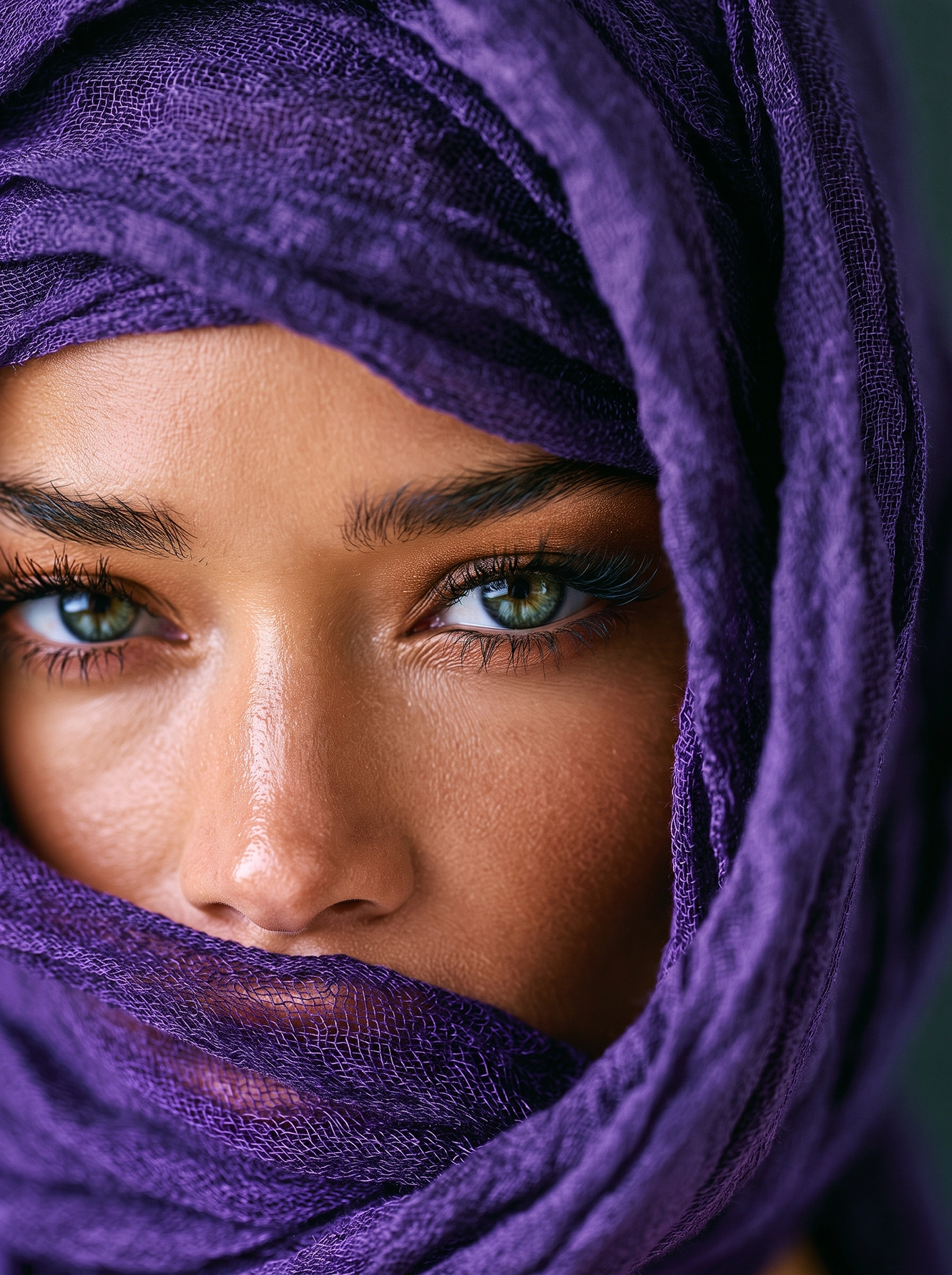 Améthyste Éternelle — regard vert intense encadré d'un voile violet, collection Regards, art mural premium