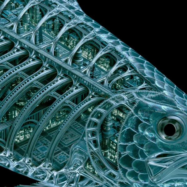 Anatomie d'une Cité — métropole miniature à l'intérieur du squelette transparent d'un poisson, art mural premium