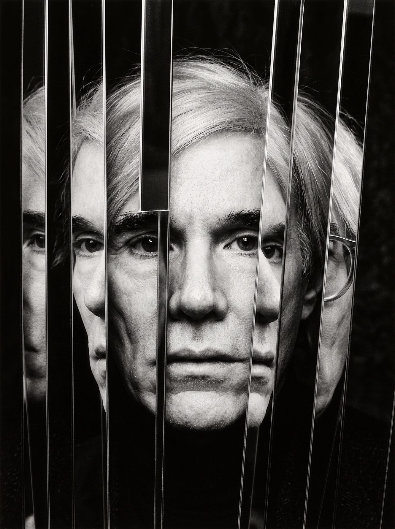 Andy Warhol — Visages Multiples, portrait répété en miroirs verticaux, composition noir et blanc, art mural premium
