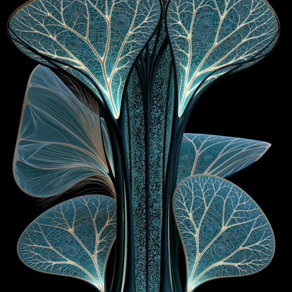 Tableau Arbre de Données — ramifications lumineuses et flux numériques stylisés
