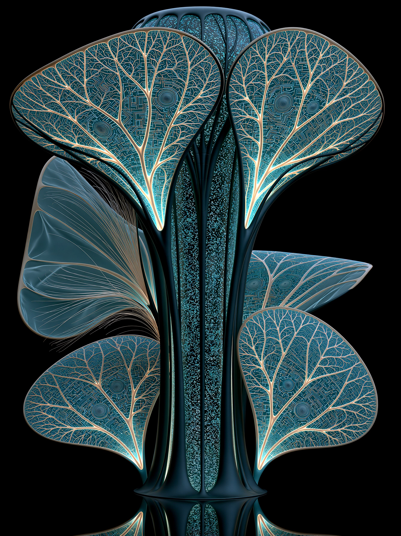 Arbre de Données — structure végétale futuriste aux feuilles parcourues de circuits lumineux, art mural premium