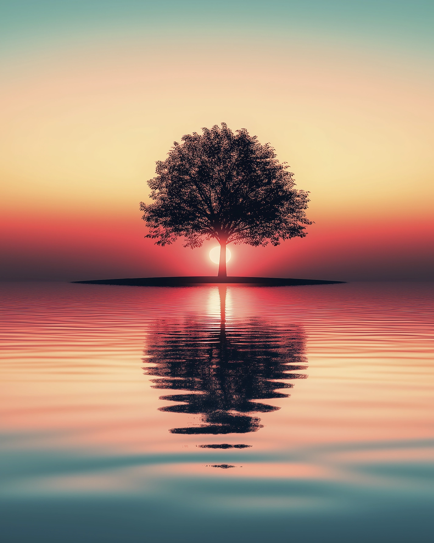 L'Arbre Miroir — arbre solitaire reflété dans une eau paisible, nuances de rose, turquoise et or, art mural premium