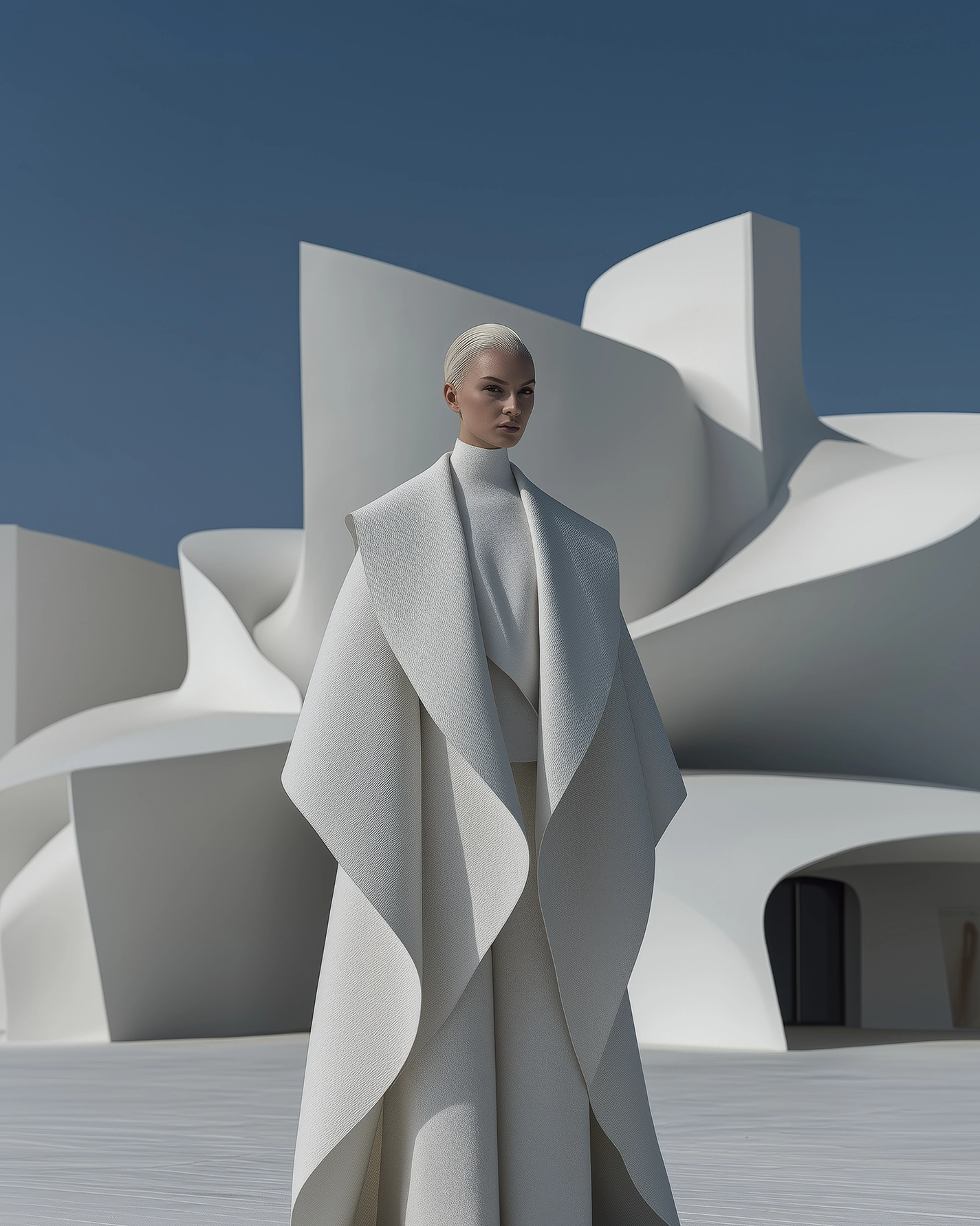 Architecture Blanche — femme en tenue haute couture blanche devant une architecture organique minimaliste, art mural premium