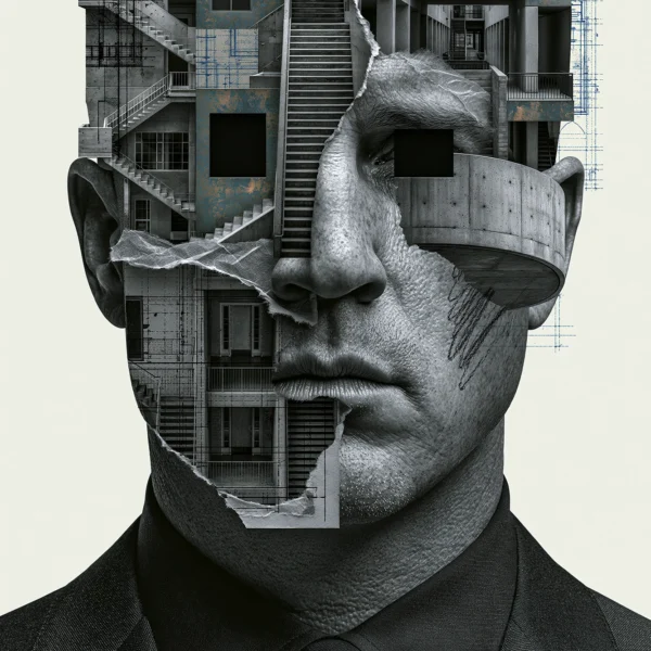 Architecture Mentale — visage d'homme fusionné avec des façades et structures brutalistes, art mural premium