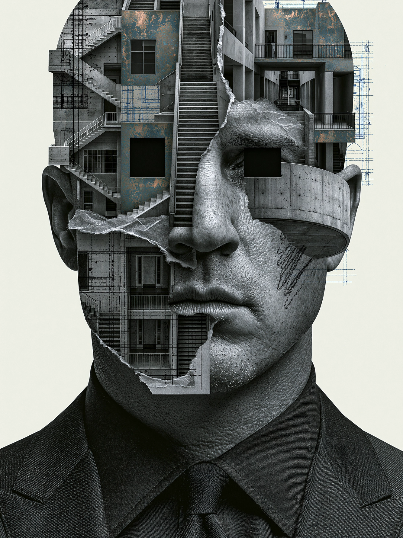 Architecture Mentale — visage d'homme fusionné avec des façades et structures brutalistes, art mural premium