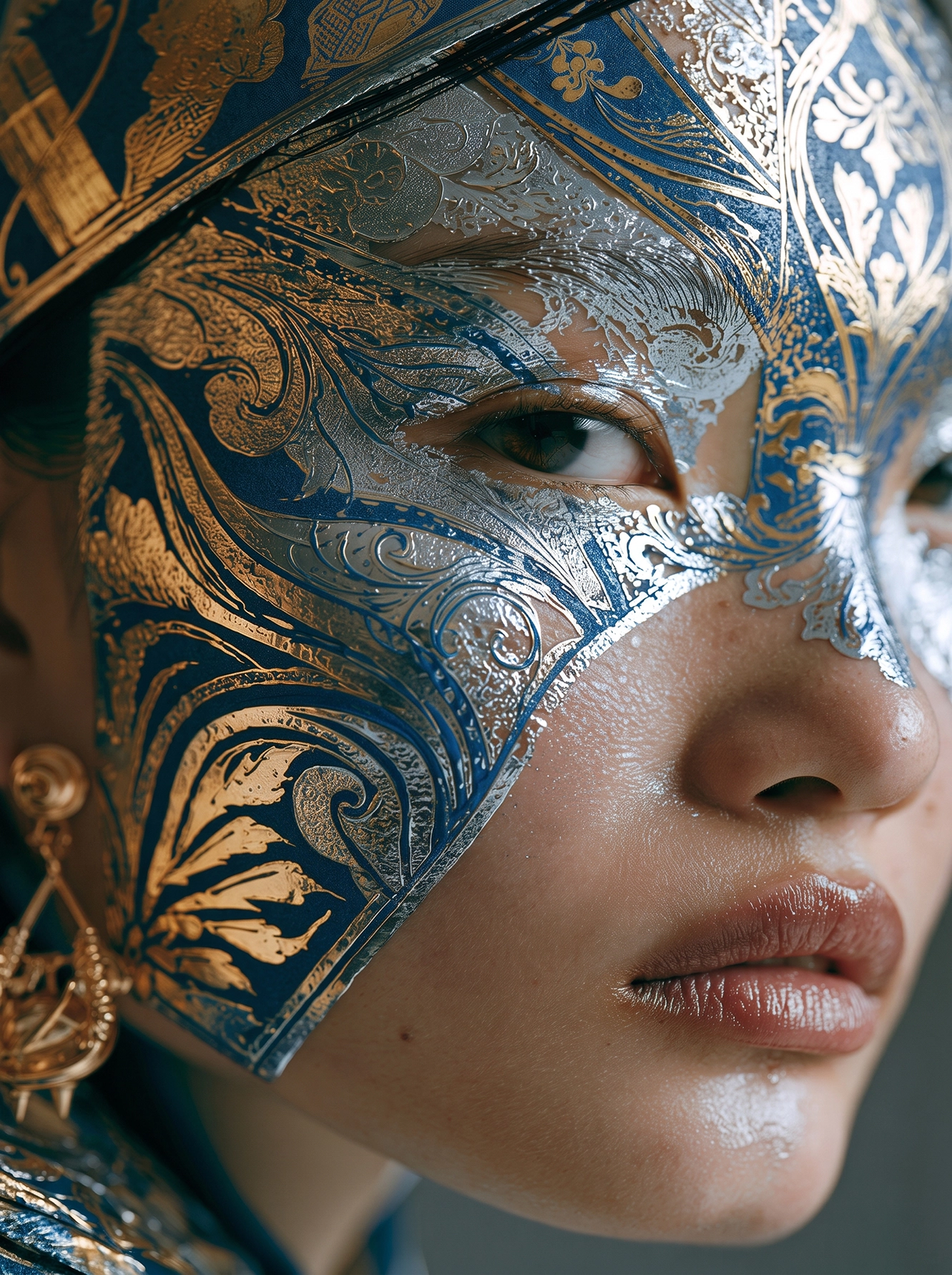 Argent Royal — masque finement gravé aux reflets argentés et bleu profond, inspiration vénitienne, art mural premium
