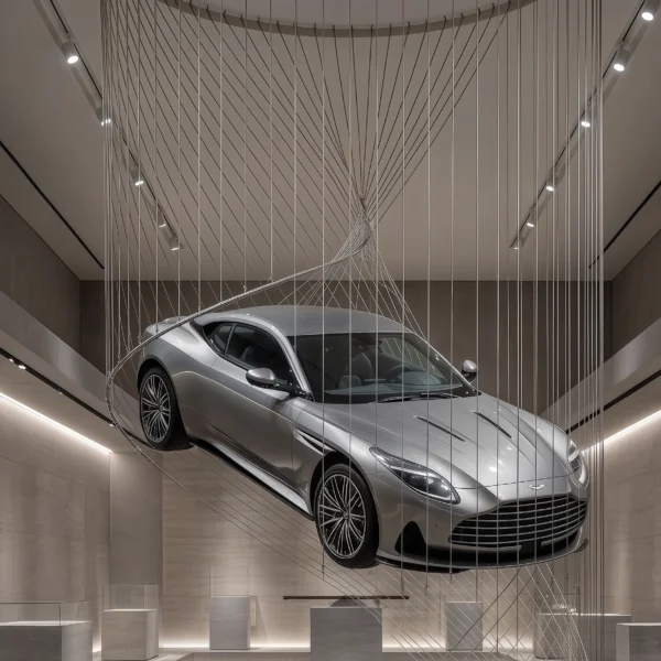 Aston Martin DBS Suspension — Aston Martin DBS argent suspendue dans une galerie contemporaine, art mural premium