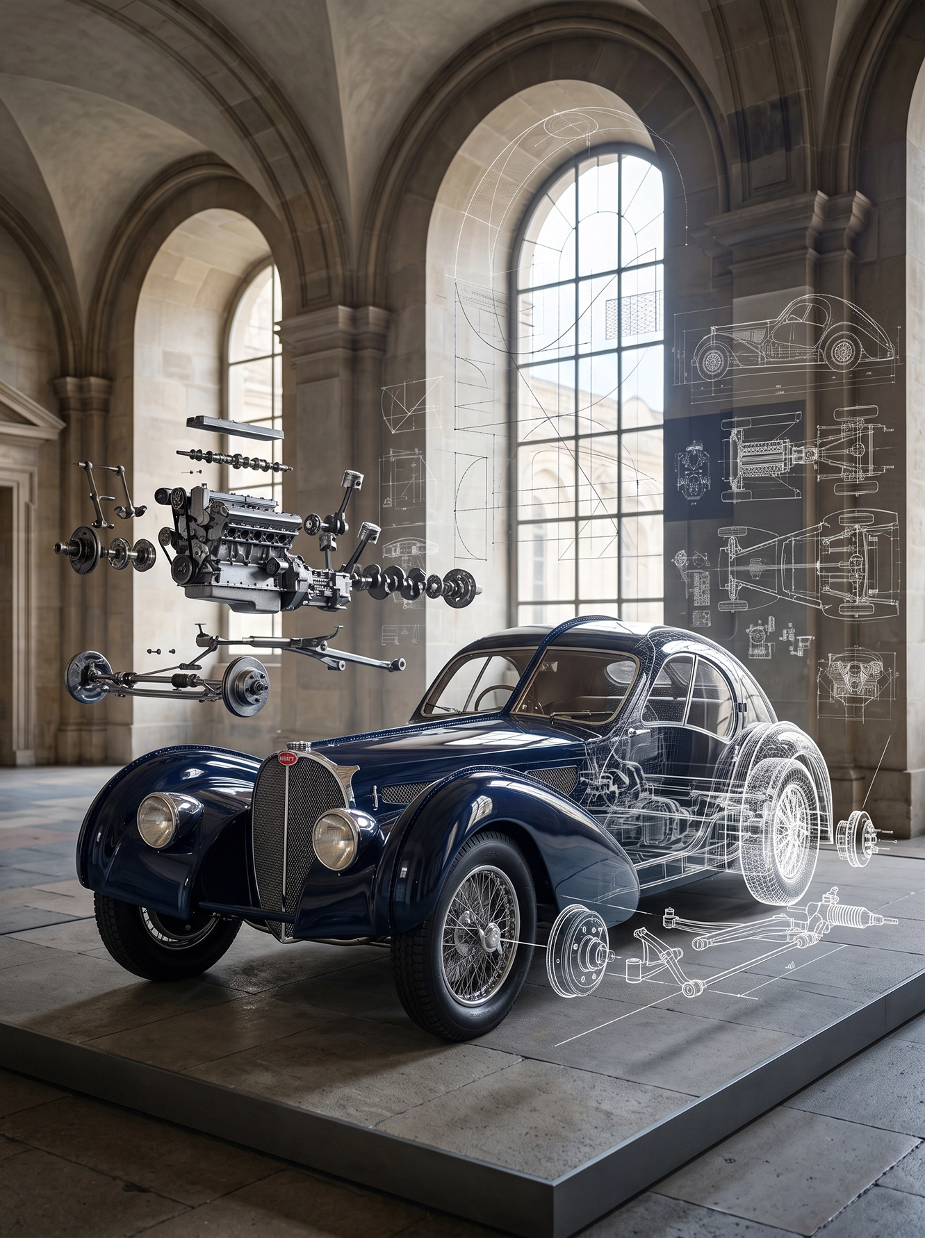 Atlantic Anatomy — Bugatti Type 57SC Atlantic en plans techniques et mécanique en suspension, art mural premium