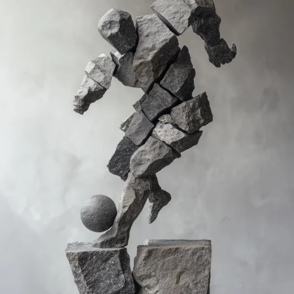 L'Attaquant de Pierre — joueur de football sculpté en blocs rocheux dans un geste de contrôle du ballon, art mural premium