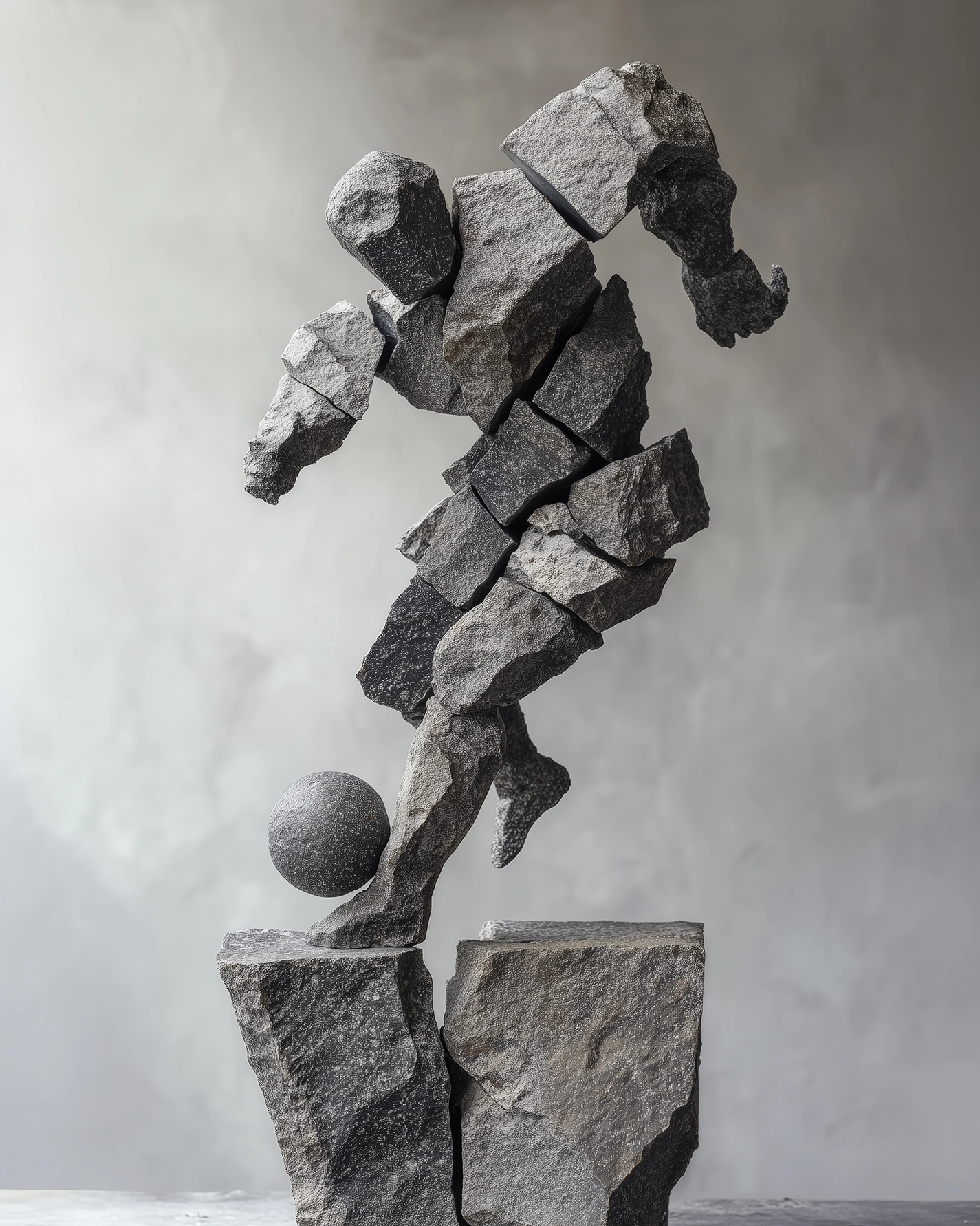 L'Attaquant de Pierre — joueur de football sculpté en blocs rocheux dans un geste de contrôle du ballon, art mural premium