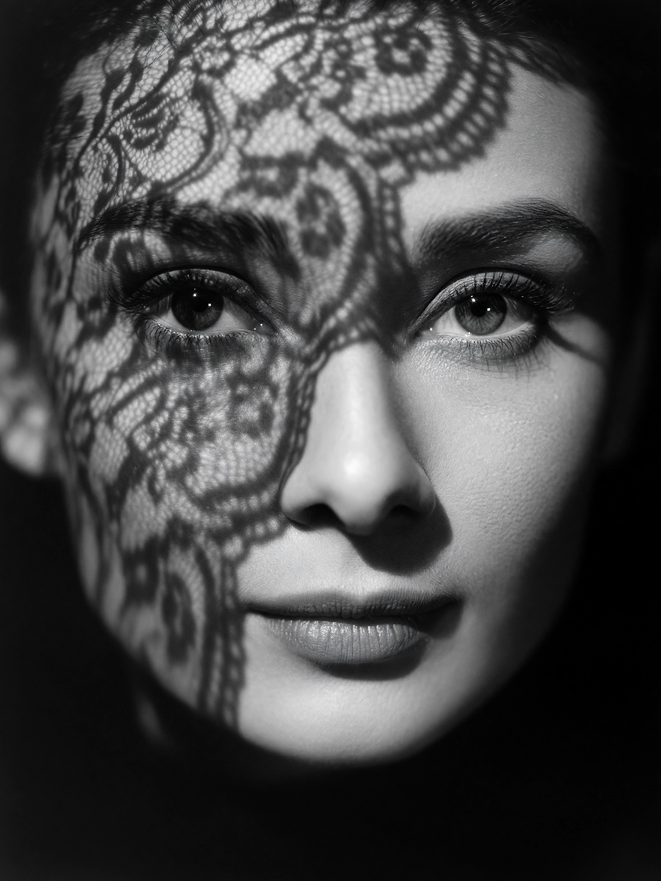 Audrey Hepburn — Dentelle de Lumière, portrait avec une ombre de dentelle ouvragée sur le visage, noir et blanc, art mural premium