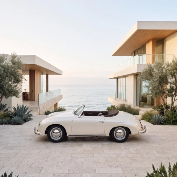 Tableau Azure Escape — cabriolet classique longeant la côte azuréenne au soleil couchant