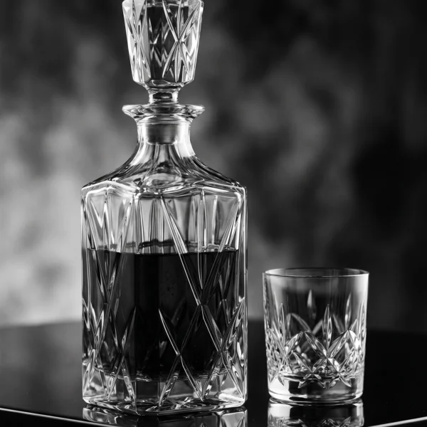 Baccarat Cristal — carafe en cristal taillé et son verre, nature morte monochrome, noir et blanc, art mural premium