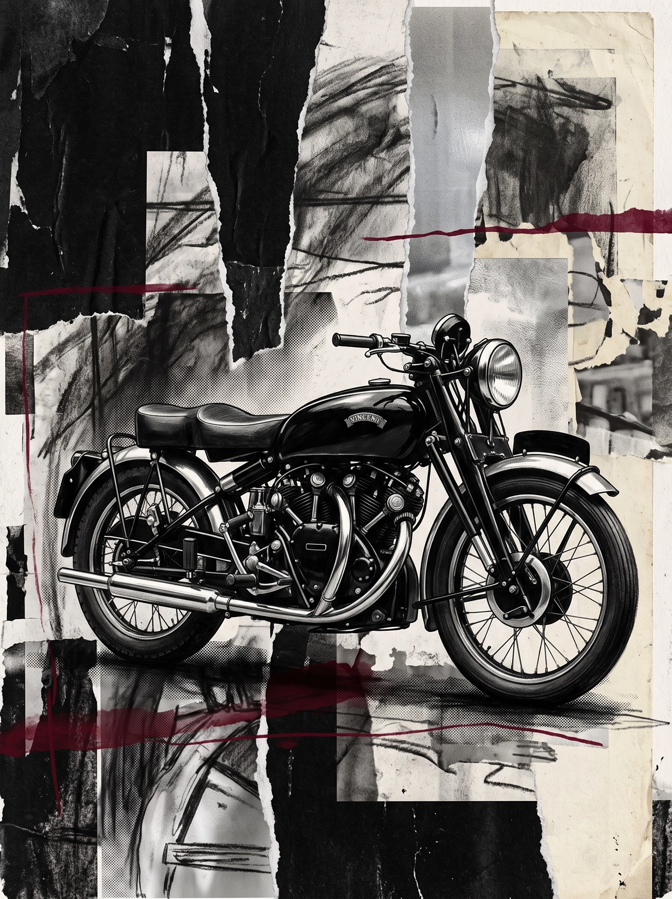 Black Shadow Legacy — hommage à la Vincent Black Shadow, collages noir et blanc vintage, art mural premium