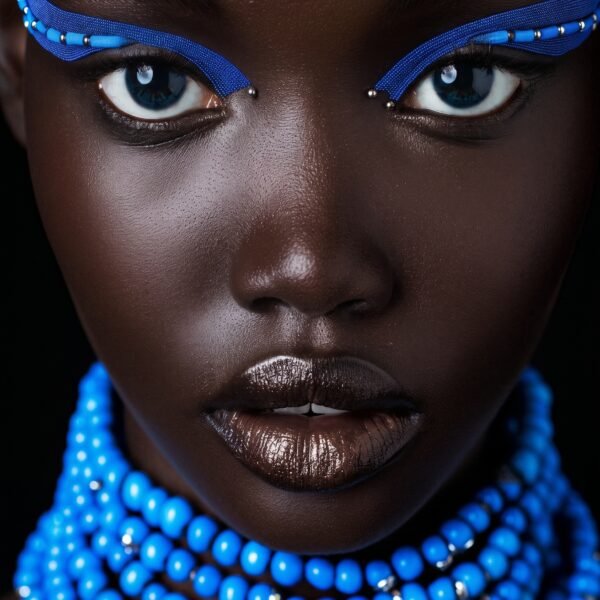 Bleu Majesté — portrait beauté ethnique aux bijoux bleu roi et port altier, art mural premium