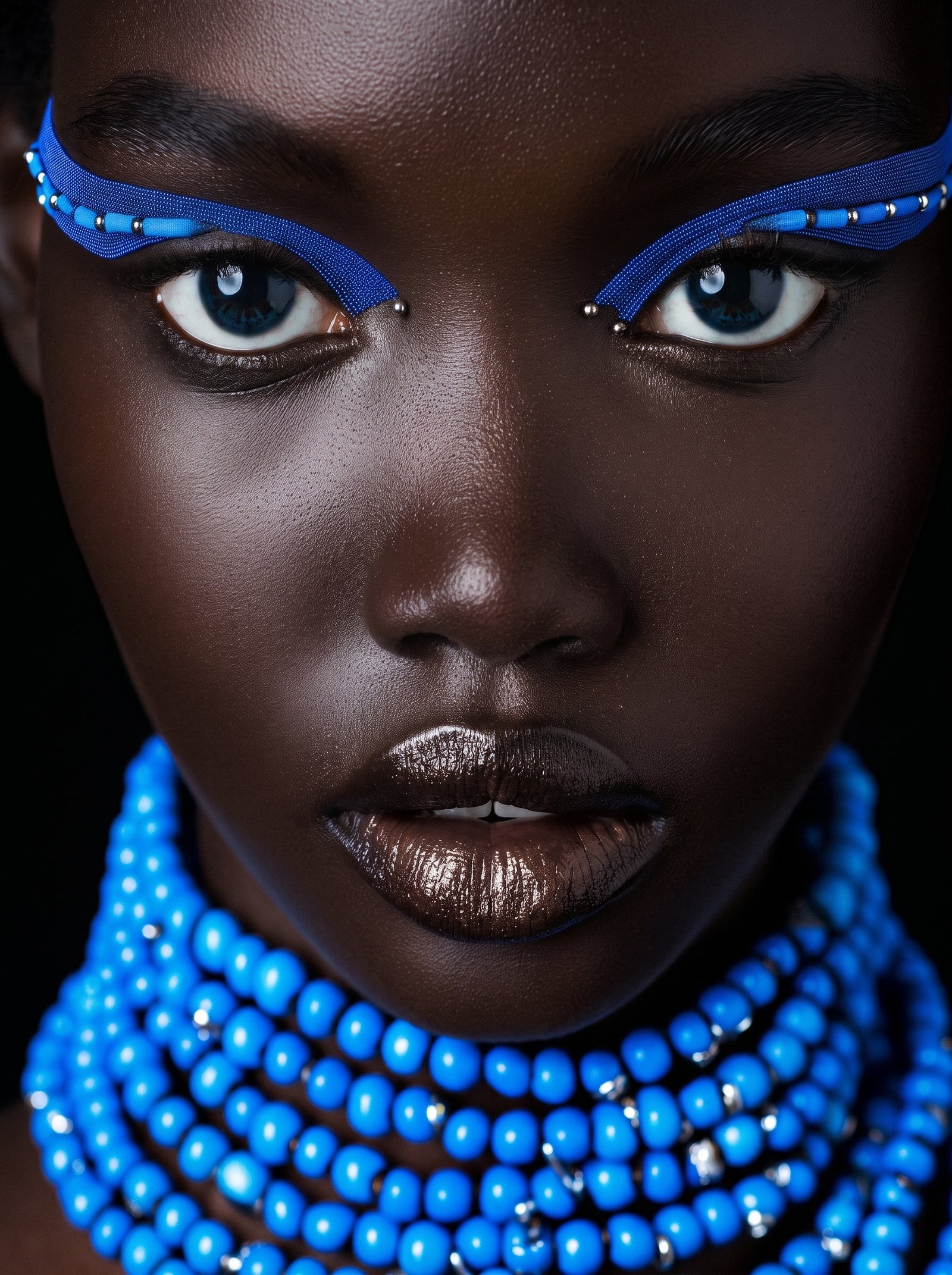 Bleu Majesté — portrait beauté ethnique aux bijoux bleu roi et port altier, art mural premium