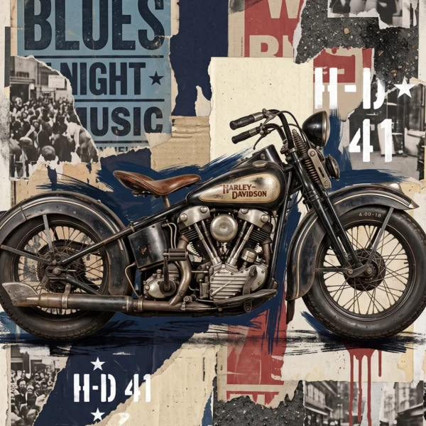 Tableau Blue Highway 41 — moto de caractère sur une route infinie aux nuances de bleu profond