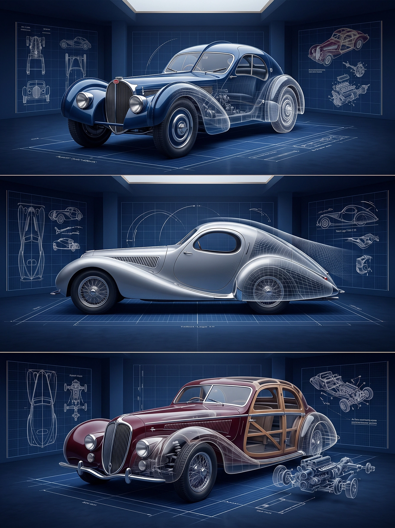 Blueprint Legends — trois automobiles iconiques en coupes techniques et dessins industriels, art mural premium