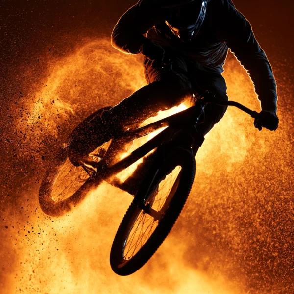 BMX — rider en pleine figure aérienne, vélo incliné dans une explosion de poussière orangée, art mural premium