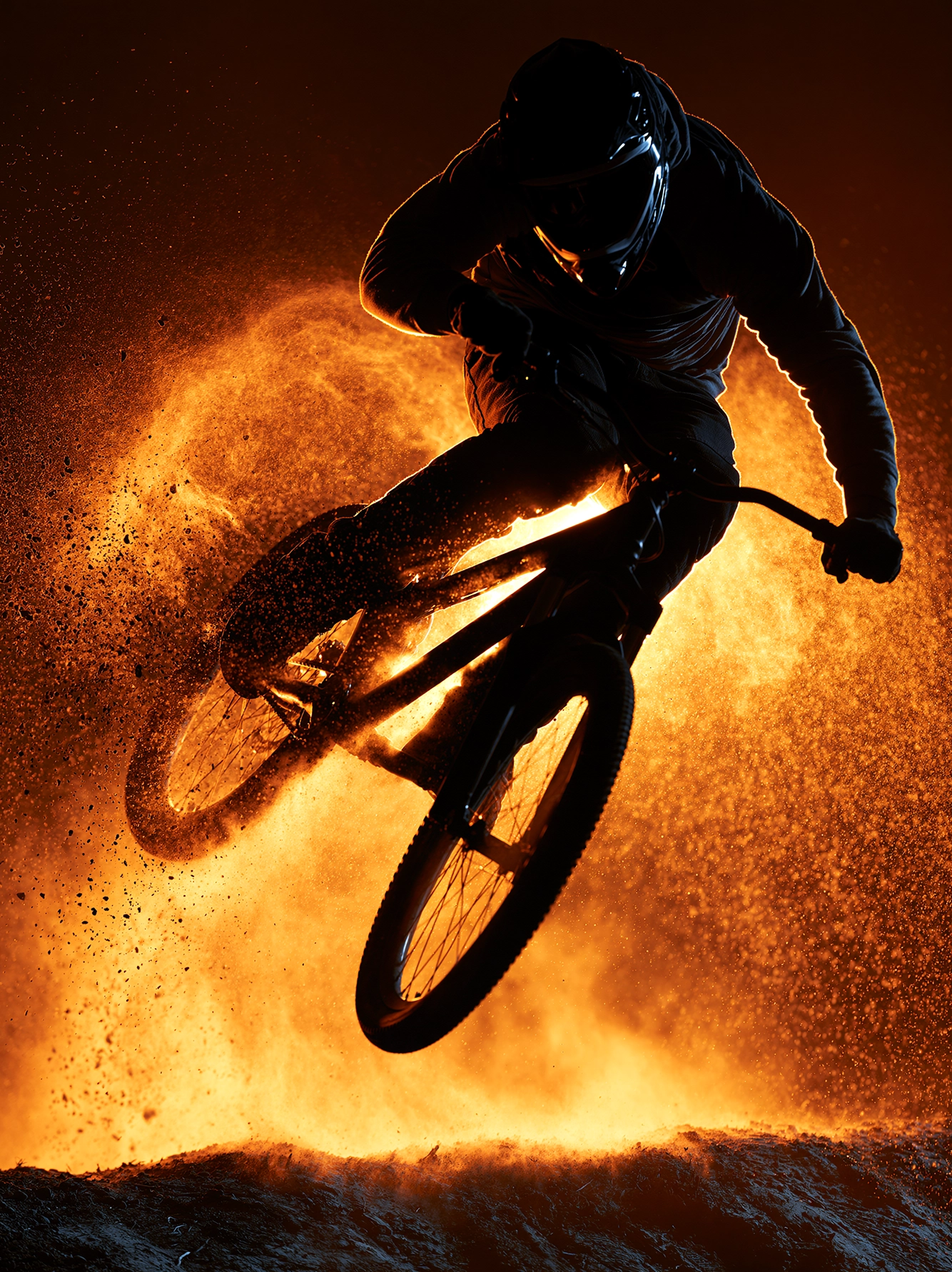 BMX — rider en pleine figure aérienne, vélo incliné dans une explosion de poussière orangée, art mural premium