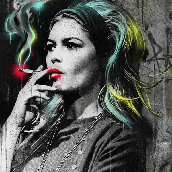 Brigitte Bardot Street Art – Fumée Rebelle, portrait graphique en noir et blanc et couleurs néon, art mural premium