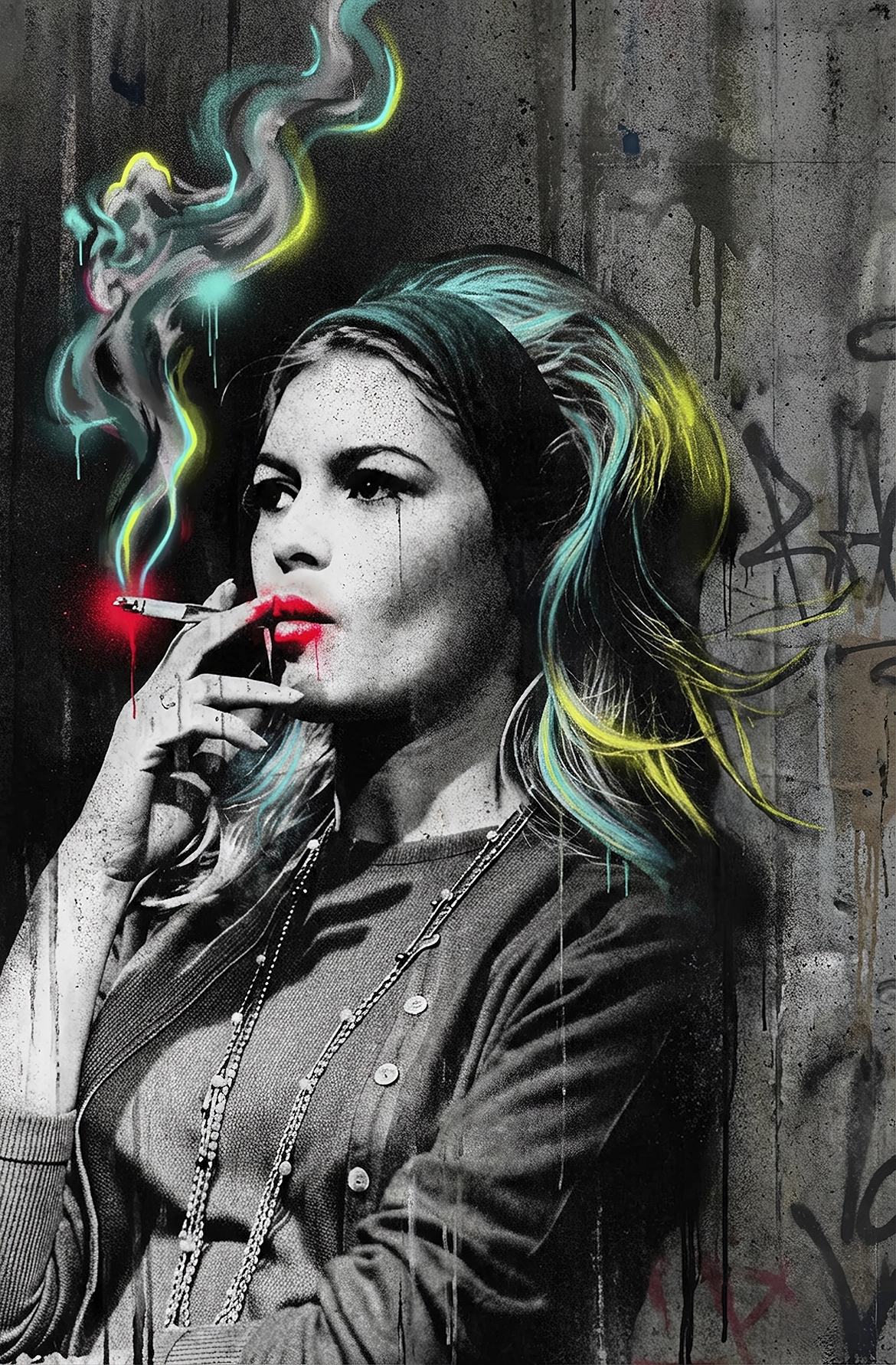 Brigitte Bardot Street Art en noir et blanc avec fumée colorée, graffiti et effets néon contemporains.