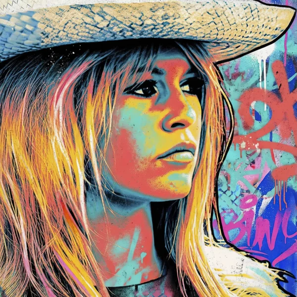 Tableau Brigitte Bardot Street Art — portrait pop art stylisé façon western urbain aux couleurs éclatantes