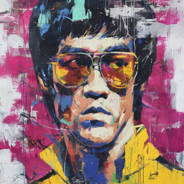 Portrait Street Art de Bruce Lee avec lunettes teintées et veste jaune dans une composition contemporaine mêlant peinture expressive et art urbain.