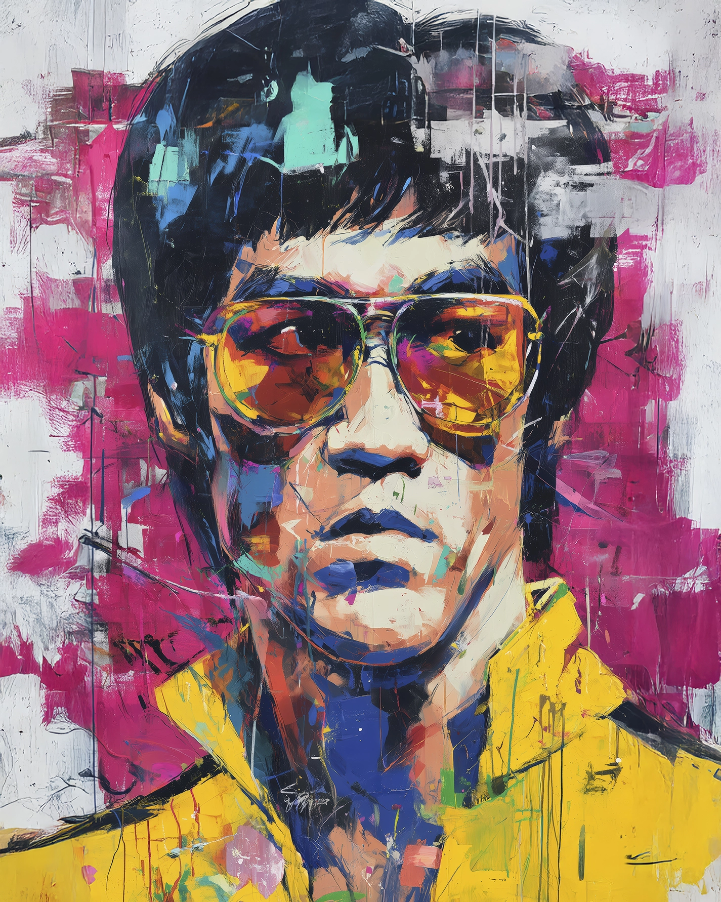 Portrait Street Art de Bruce Lee avec lunettes teintées et veste jaune dans une composition contemporaine mêlant peinture expressive et art urbain.