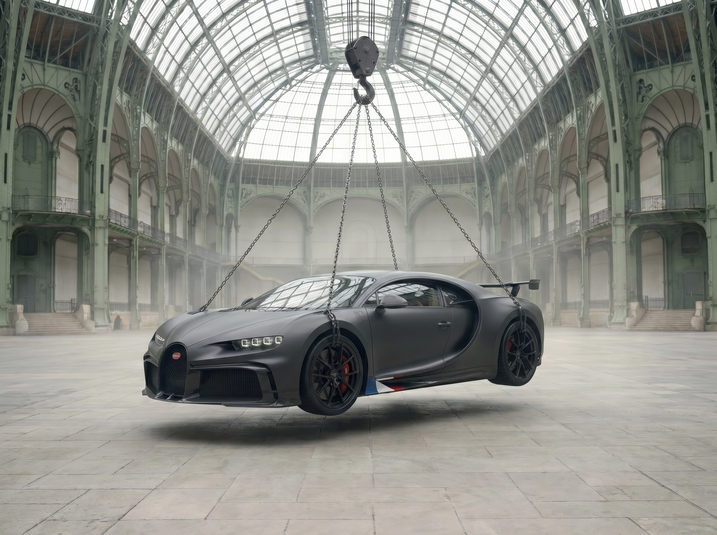 Bugatti Chiron Suspension — Bugatti Chiron suspendue dans un lieu architectural monumental, art mural premium
