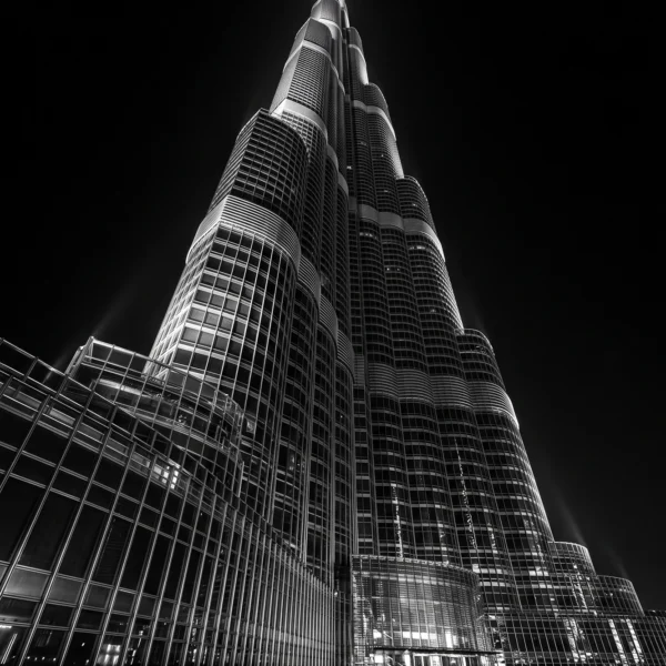 Burj Khalifa Vertige — tour Burj Khalifa de Dubaï en contre-plongée radicale, façades de verre, noir et blanc, art mural premium