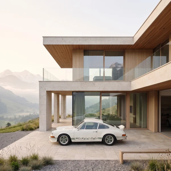 Carrera Horizon — Porsche 911 Carrera RS dans un environnement architectural baigné de lumière, art mural premium