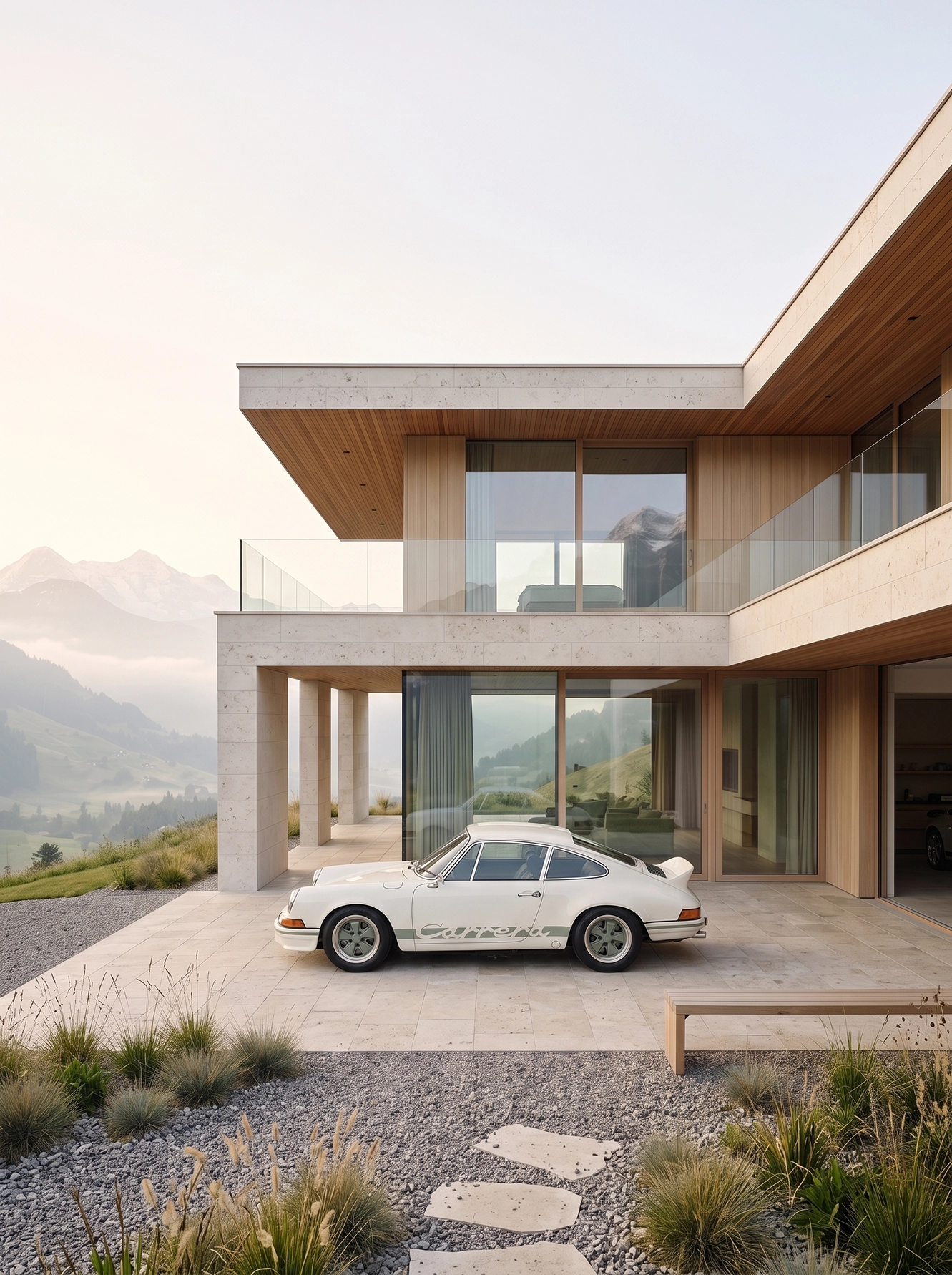 Carrera Horizon — Porsche 911 Carrera RS dans un environnement architectural baigné de lumière, art mural premium