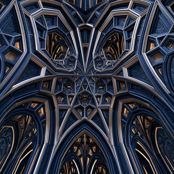 Cathédrale Algorithmique — architecture gothique paramétrique aux voûtes bleu nuit, argentées et dorées, art mural premium