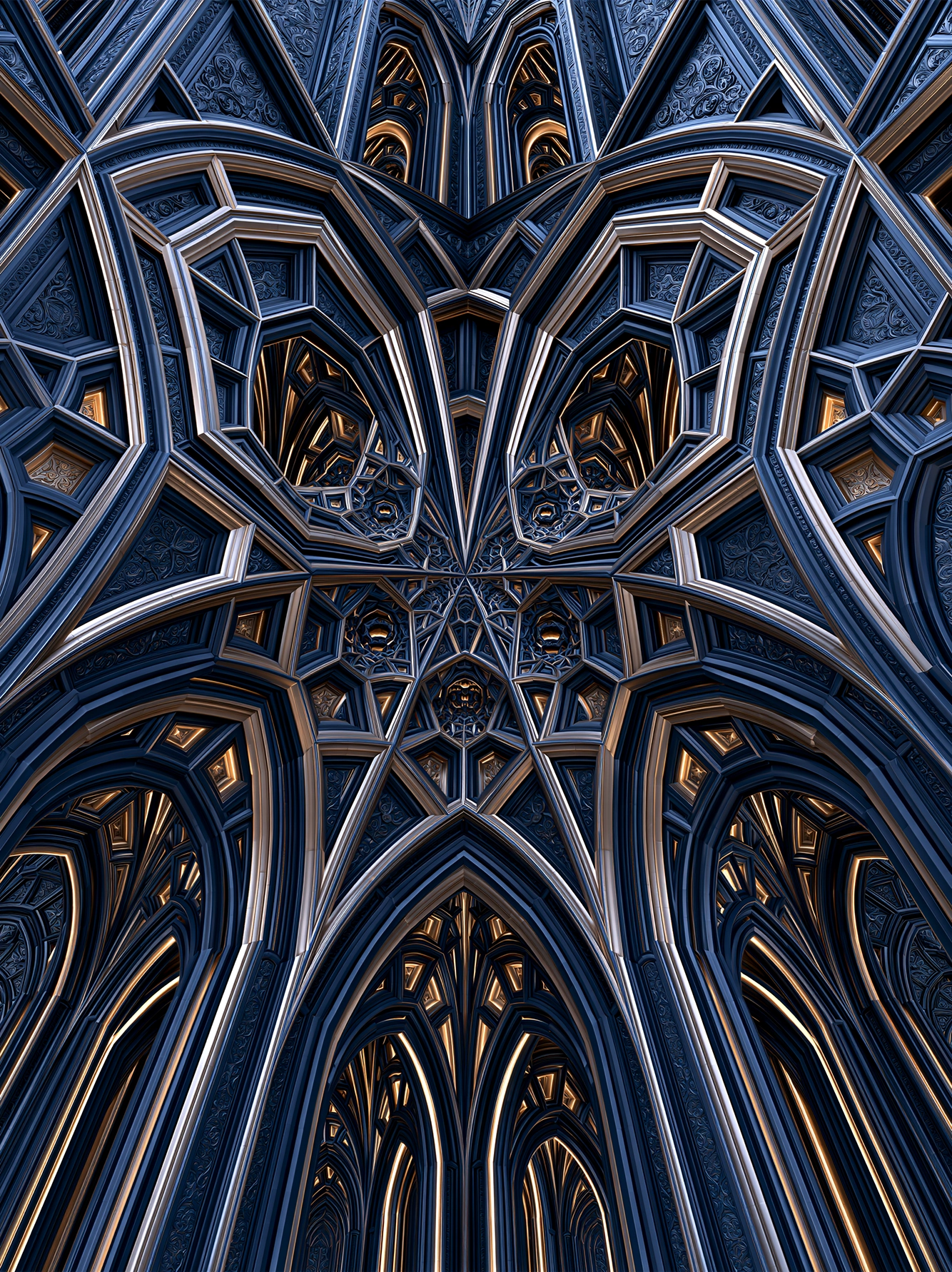 Cathédrale Algorithmique — architecture gothique paramétrique aux voûtes bleu nuit, argentées et dorées, art mural premium