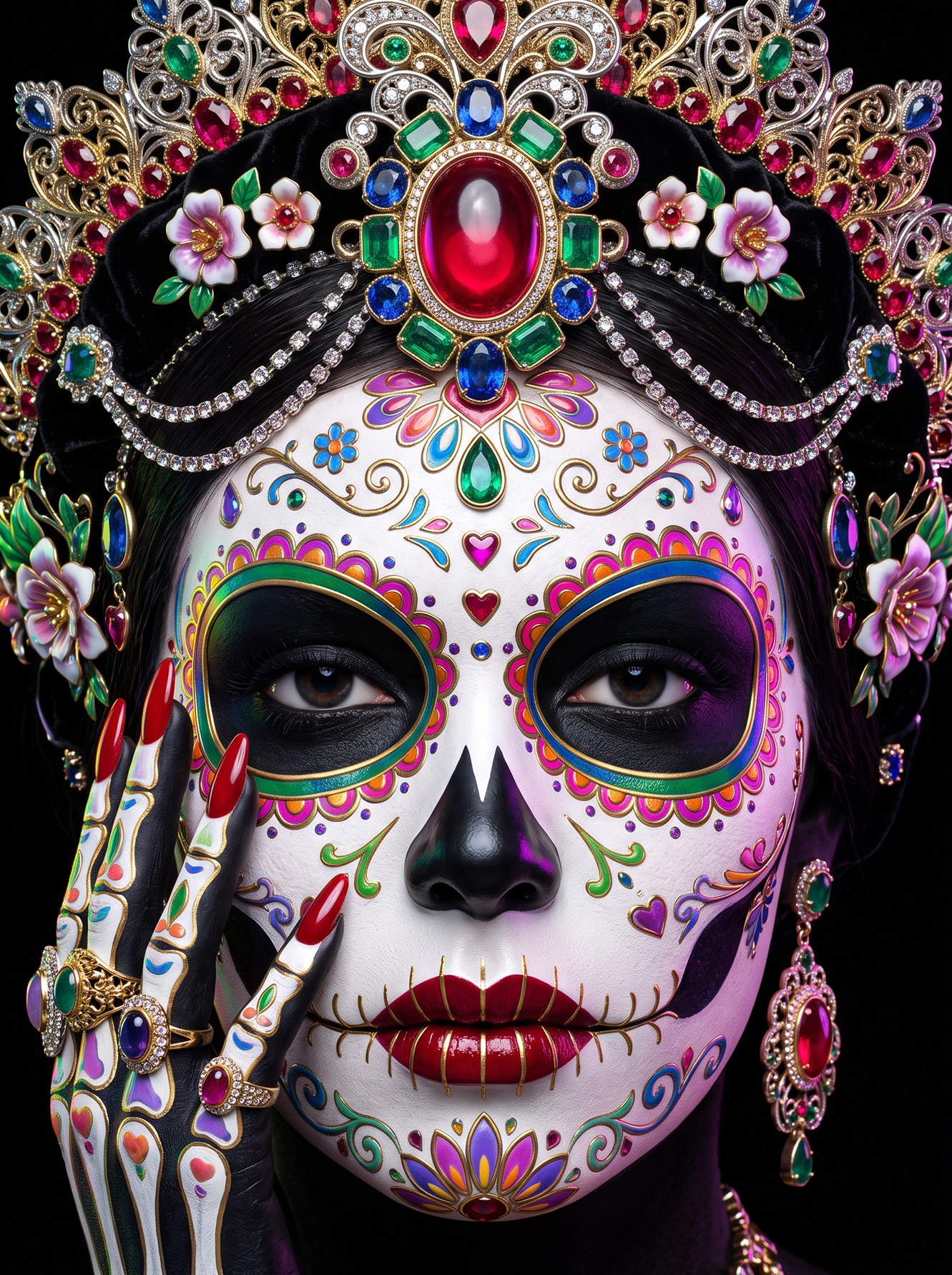 Catrina Impériale — maquillage Día de los Muertos et bijoux précieux, portrait cérémoniel de luxe, art mural premium