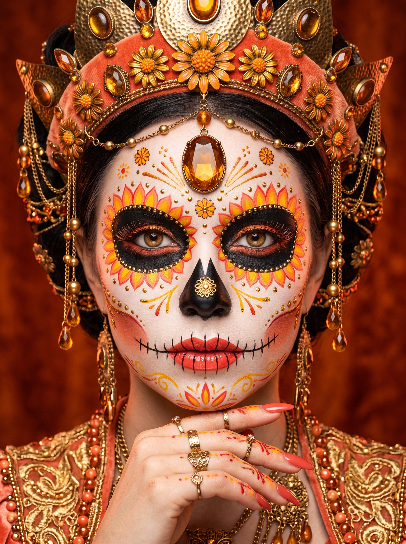 Catrina Solaire — maquillage Día de los Muertos doré et floral, art mural premium