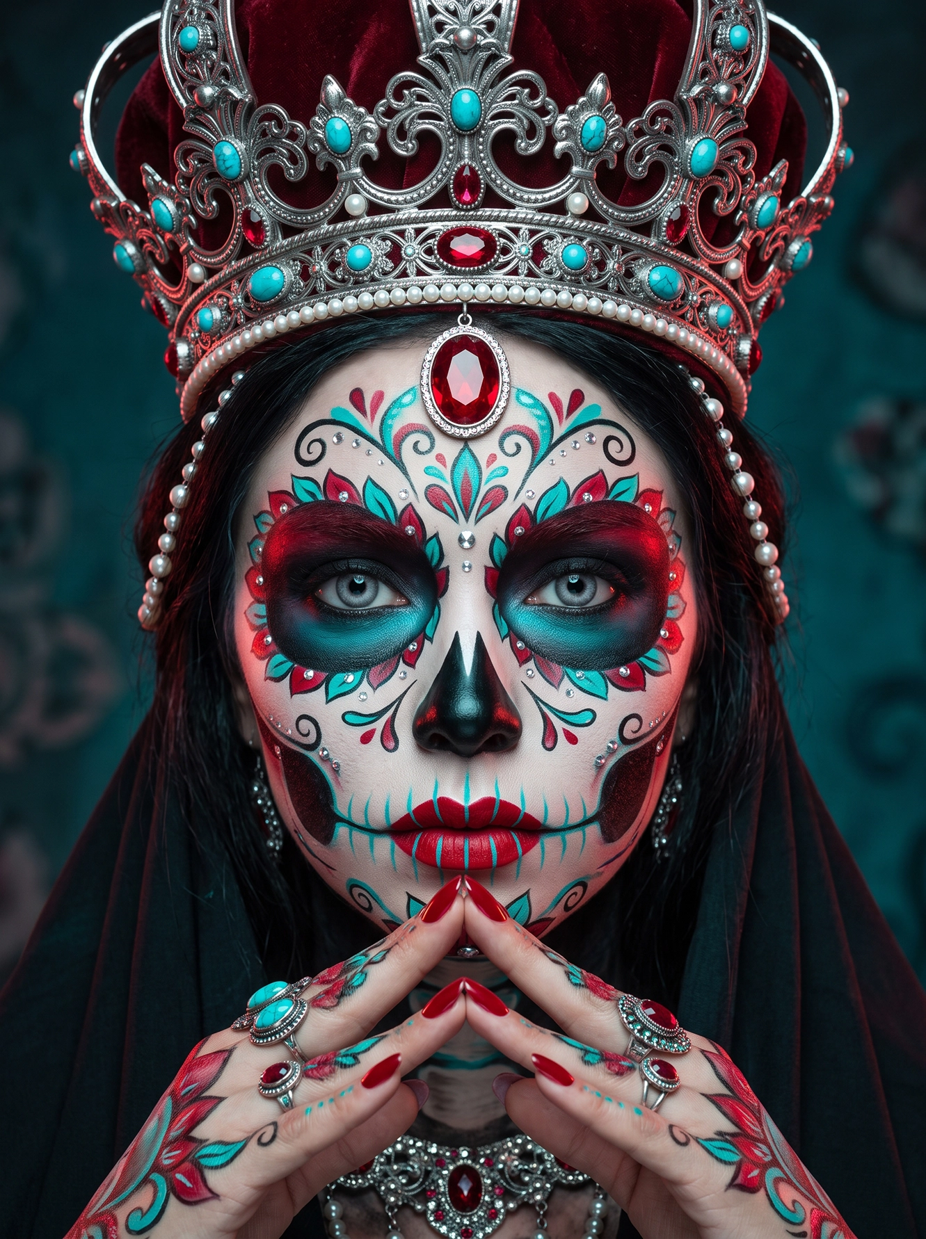 Catrina Souveraine — maquillage cérémoniel et couronne impériale, regard intense, art mural premium