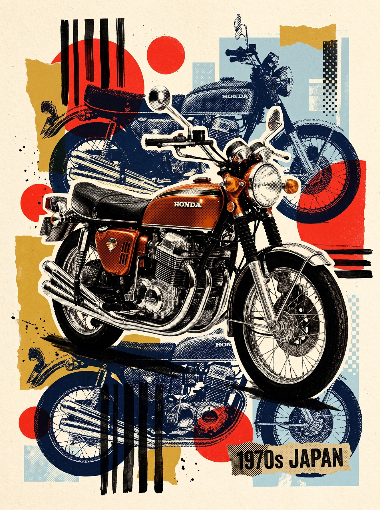 CB750 Héritage — Honda CB750 en pop vintage inspiré des affiches japonaises années 1970, art mural premium