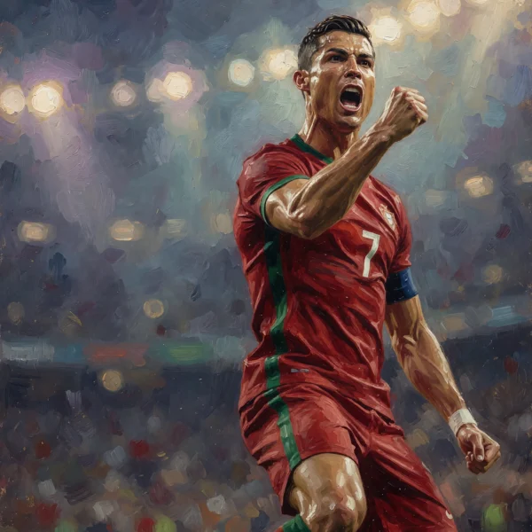 Célébration Football Légendaire — footballeur en maillot rouge et vert célébrant un but, peinture à l'huile, art mural premium