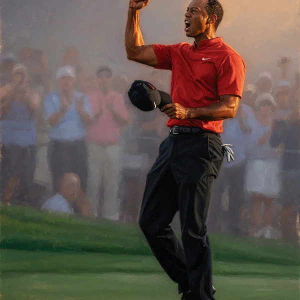 Célébration Golf Légendaire — golfeur en polo rouge célébrant une victoire, casquette retirée, peinture à l'huile, art mural premium