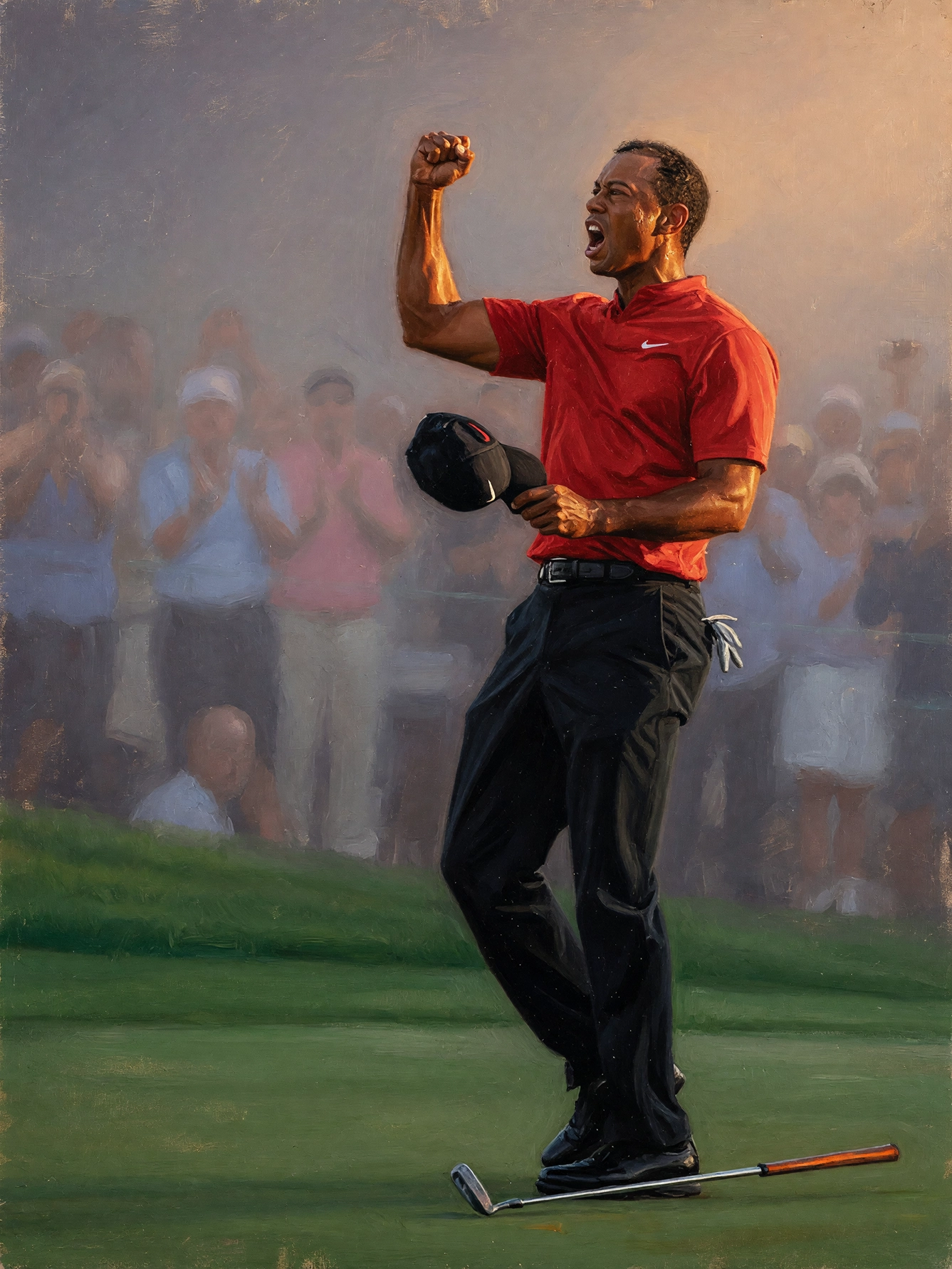Célébration Golf Légendaire — golfeur en polo rouge célébrant une victoire, casquette retirée, peinture à l'huile, art mural premium