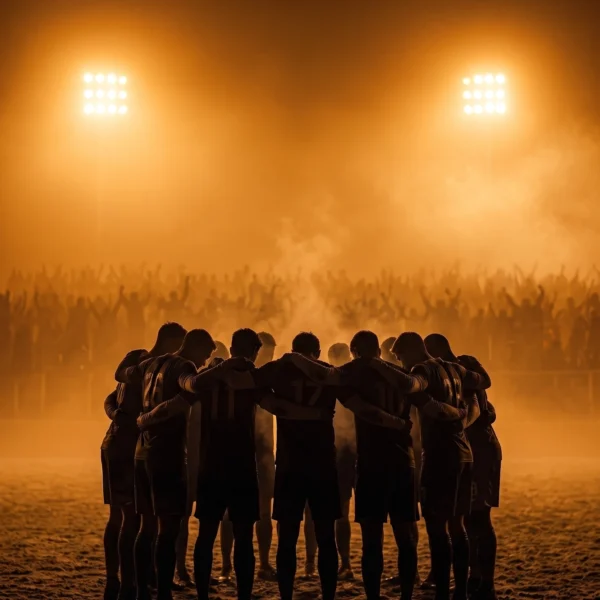 Cercle de Cohésion — groupe de sportifs en cercle serré, bras sur les épaules, lumière de stade brumeuse, art mural premium