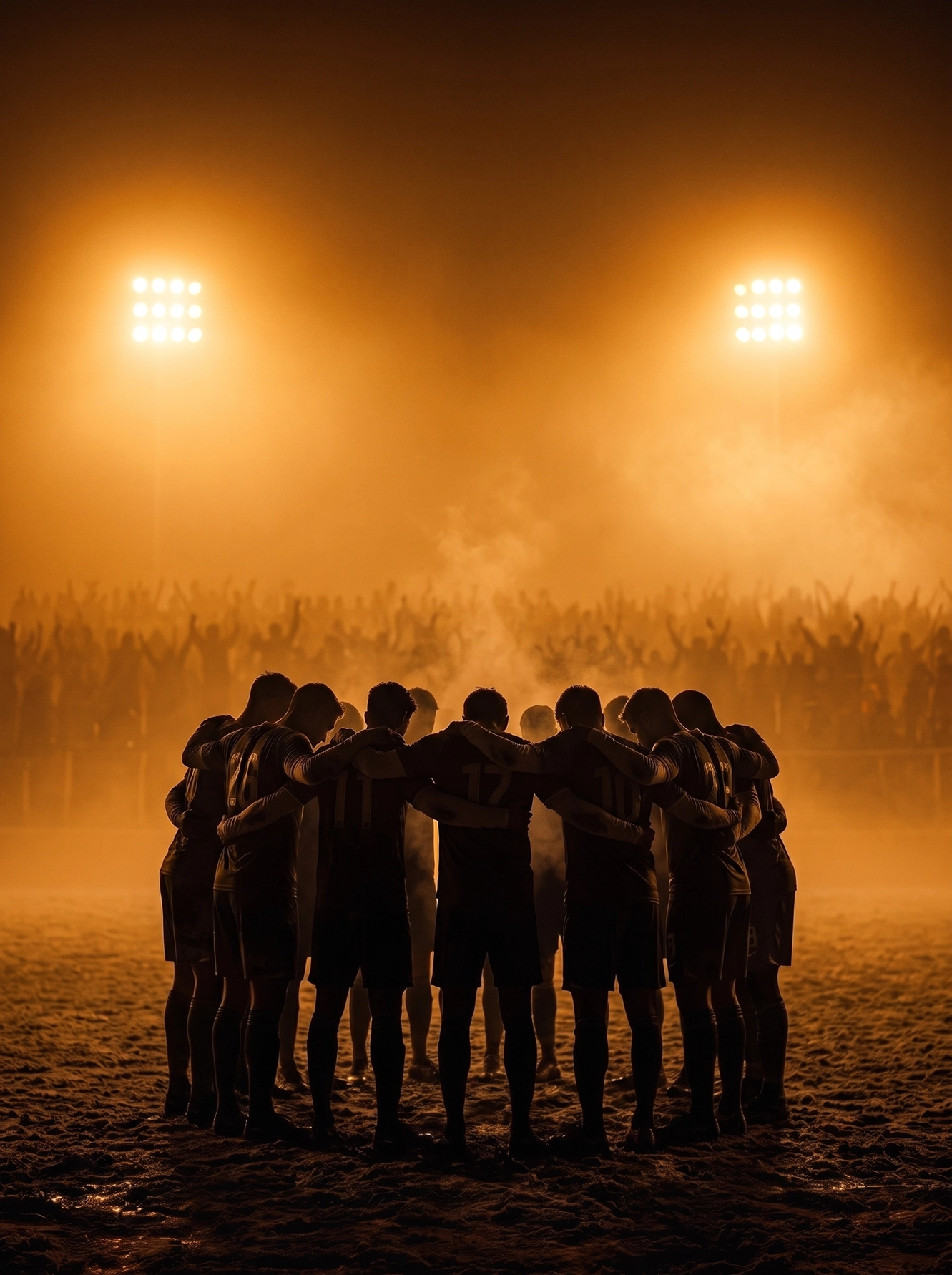 Cercle de Cohésion — groupe de sportifs en cercle serré, bras sur les épaules, lumière de stade brumeuse, art mural premium