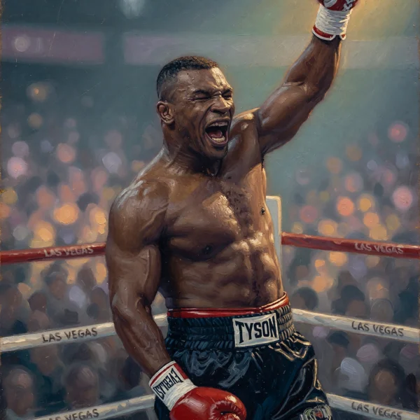 Champion Poids Lourd Victorieux — boxeur torse nu, gant levé en cri de victoire, peinture à l'huile, art mural premium